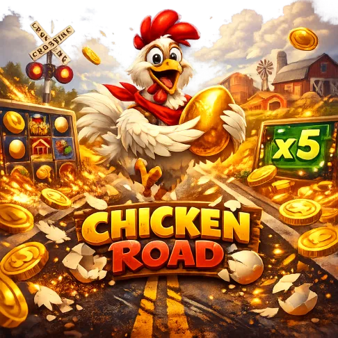 Bright, dynamic promotional image featuring a funny chicken, road lanes, eggs, feathers, and coins.